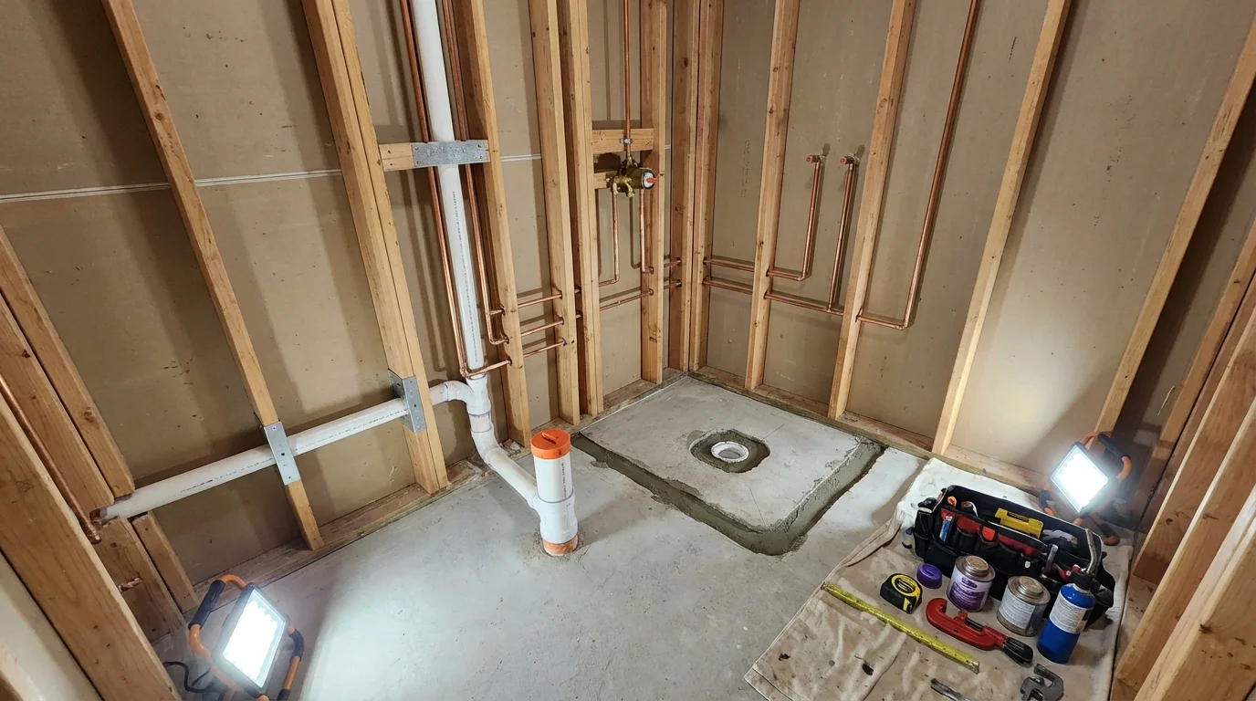 Bathroom rough-in plumbing during remodel by Johns Plumbing LLC in Stonewall