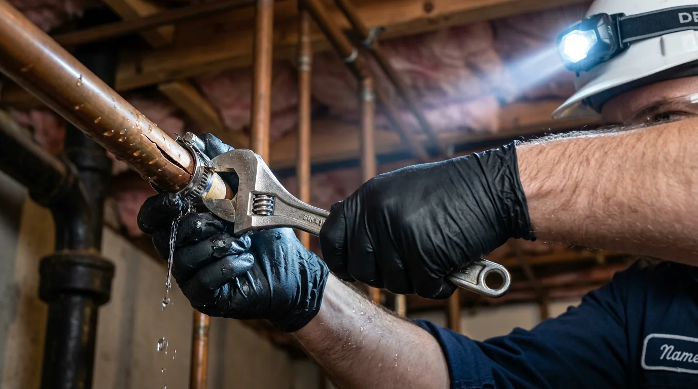 Emergency pipe clamp repair being performed by a Johns Plumbing LLC plumber in Stonewall