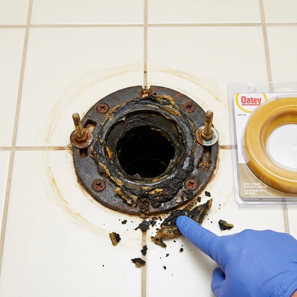 Failed wax ring showing water seepage at the base of a toilet in a Stonewall, LA home
