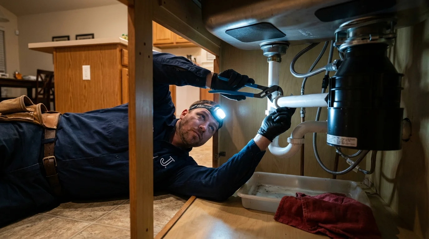 P-trap and supply line connections under a kitchen sink showing a common leak point in Stonewall, LA